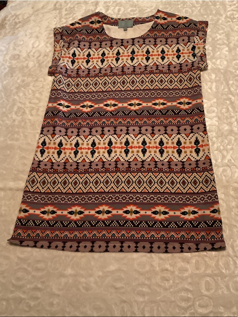 Skies Are Blue Aztec-Pattern A-Line Dress — Cream, Orange, Black, Purple